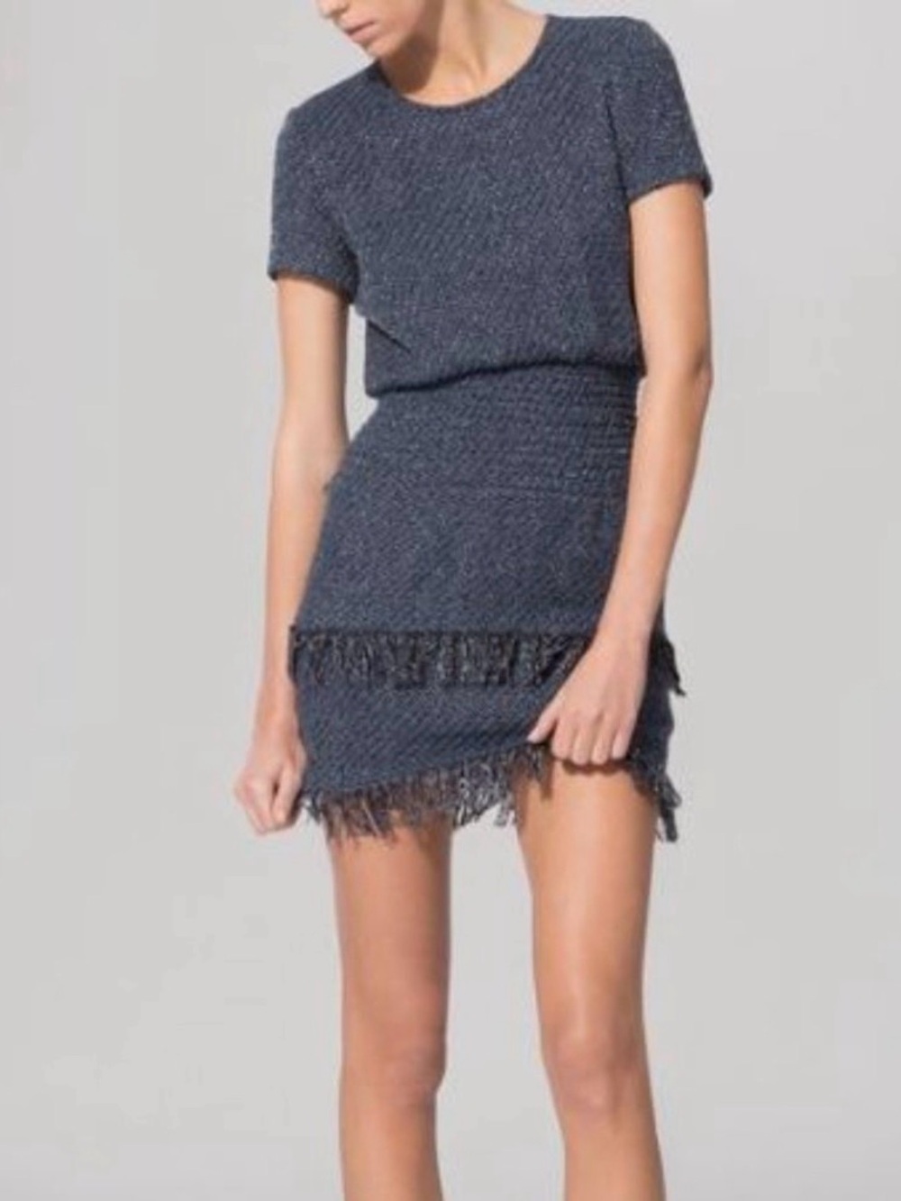 MAJE Twill Short Sleeve Blue Smocked Waist Dress with Fringe